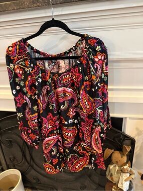 Investments Black Paisley Off-Shoulder Blouse with Pink & Orange Accents